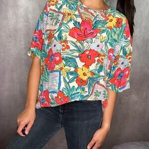 Vintage SILK Robbie Bee Postcard Tropical Floral Shirt Womens M/L Aloha Relaxed